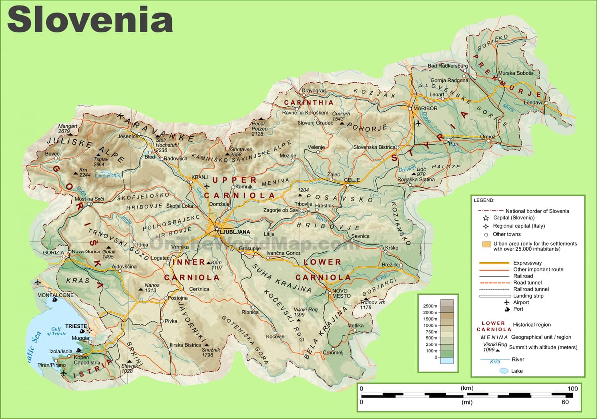 Карта Славеніі фізічнай